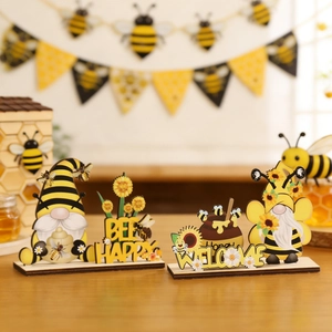 Decorazioni in legno con gnomi per la festa delle api e scritte Bee Happy e Welcome