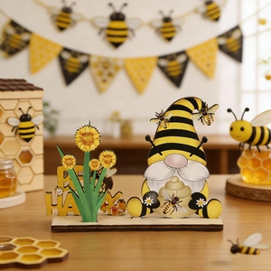 Decorazione gnomo in legno con scritta Bee Happy e girasoli per tavolo festivo