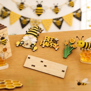 Set decorativo in legno a tema api con gnomo, girasole e scritta Bee Happy