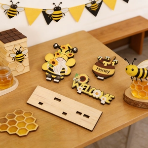Set decorativo ape in legno per vassoio con gnomo, vaso di miele e cartello welcome