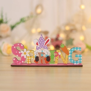 Easter wooden SPRING sign featuring cute gnomes, bunnies and carrots for desk decor