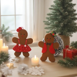Christmas gingerbread man couple plush dolls in festive suit and polka dot dress