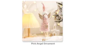 Detail of pink plush angel ornament with golden wings and wooden beaded long legs