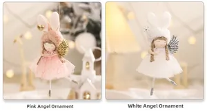 Detail of cute rabbit angel ornaments with sequins wings and pink white mesh skirts