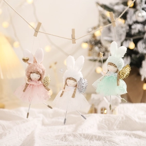 Cute Rabbit Ear Angel Plush Pendant With Glitter Wings Lace Tutu For Christmas Tree Hanging Decoration Girls Gift Fairy Doll
