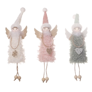 Three plush Christmas angel ornaments with sequins and wooden legs in white pink and green