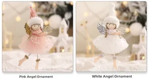Detail of pink and white plush Christmas angel dolls with sequined mesh dresses