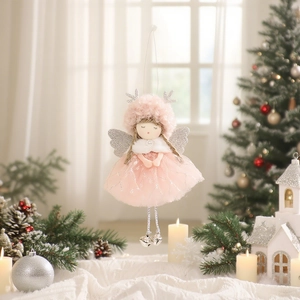 Pink lamb wool angel pendant with antlers and mesh tutu skirt for Christmas tree decor