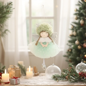 Light green angel doll pendant with glitter wings and lace dress for Christmas tree decor