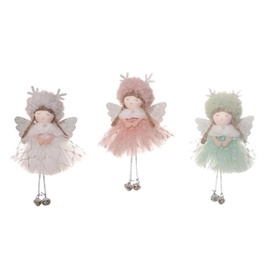 Three Christmas angel ornaments with plush hats, silver antlers and lace skirts