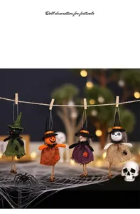 Halloween burlap dolls set featuring a witch cat, pumpkin man, and skeleton hanging on a rope