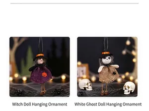 Detail of Halloween witch and ghost burlap dolls with wooden heads and bells