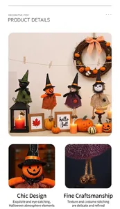 Detail showing burlap Halloween dolls with rusty bell accents and rustic textures