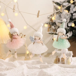 Christmas Angel Girl Doll Pendant Plush Hat Gauze Princess Dress With Wings Sequin Heart Star Snowflake Tree Hanging Ornament