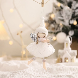 Plush Christmas angel doll ornament with white mesh dress and silver wings on tree
