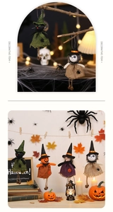 Detailed Halloween burlap hanging dolls featuring cat, pumpkin, witch, and skeleton designs