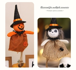 Detail of handmade Halloween felt and burlap hanging ornaments featuring pumpkin and skull wizards