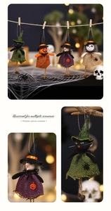 Detail of Halloween burlap doll hanging set featuring witch, pumpkin and ghost characters