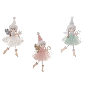 Three cute Christmas angel doll ornaments with wings and fluffy skirts for tree decoration