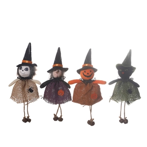 Set of 4 Halloween burlap figurines with witch hats, bells and hanging long legs