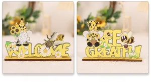 Detail of wooden bee table signs with Welcome and Bee Grateful text in rustic style