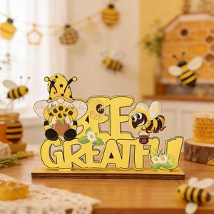 Bee Grateful wooden table sign with gnome and honeybee illustrations in rustic style