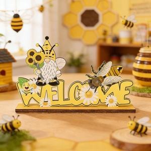 Detail of wooden gnome welcome sign with bee and sunflower for table decor