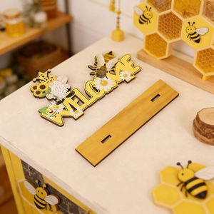 Rustic wooden bee gnome welcome desk sign with sunflower motifs and wood base for home decor
