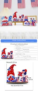 Detailed view of USA Independence Day wood gnome decor with dimensions 16.3x14x4cm