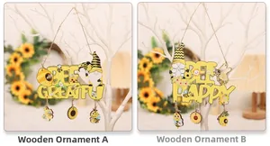Detail of Bee Festival wooden signs featuring Gnome motifs and decorative dangling charms