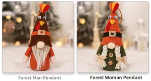 Detail of male and female gnome pendants with turkey design for harvest decorations