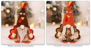Close-up of Thanksgiving turkey gnomes featuring male beard and female braid details