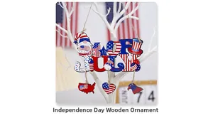 Close-up of July 4th wooden sign with eagle and heart charms on a white branch