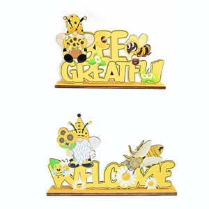 Rustic wooden bee gnome desktop signs featuring Bee Great and Welcome floral designs
