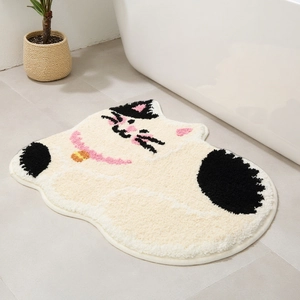 Cute Cartoon Cat Shaped Bath Mat Non Slip Absorbent Polyester Flocked Floor Rug For Bathroom Bedroom Home Decor Soft