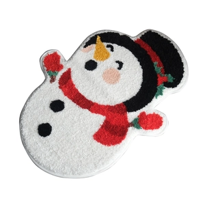 Christmas snowman shaped fluffy indoor floor mat with red scarf and black top hat décor