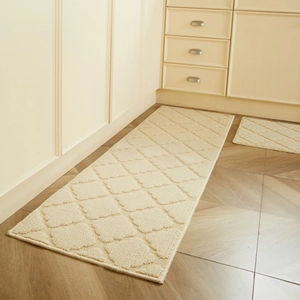 Cream-colored non-slip kitchen runner mat set with elegant diamond quilted texture