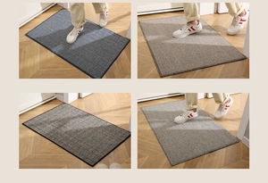 Detail showing four color options for the striped non-slip entry doormat in home setting