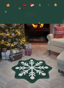 Green snowflake-shaped Christmas rug with plush texture in a festive indoor setting