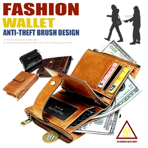 Detail of RFID blocking leather wallet featuring multiple card slots and a zipper coin pocket