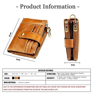 Detailed technical diagram of a brown crazy horse leather wallet with RFID blocking
