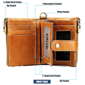 Detail view of RFID leather wallet interior showing multiple card slots and zip pockets