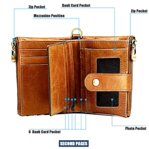 Detailed view of genuine crazy horse leather men wallet with RFID card slots and zip pockets