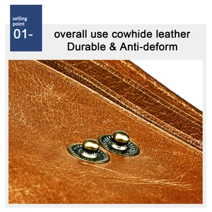 Detail of brown crazy horse leather wallet with durable dual bronze snap fasteners