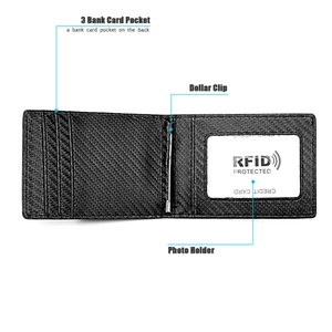 Detail of RFID blocking carbon fiber wallet with metal money clip and card slots