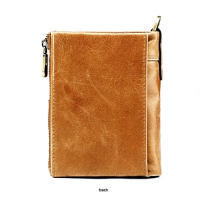 Macro back view of vintage crazy horse leather RFID wallet with metal zipper