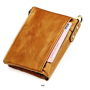 Side view of brown leather wallet showing card slots and metal ring with zipper detail
