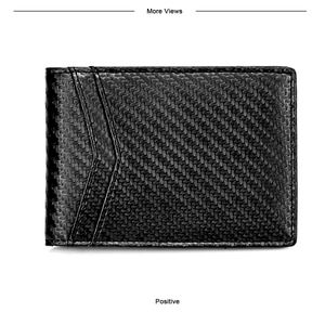 Macro detail of minimalist RFID wallet featuring black carbon fiber texture and V-shape slots