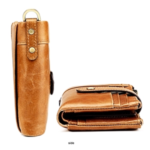 Detailed side view showing the thick leather layers and metal D-ring hook of the wallet