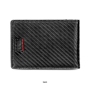 Back view of a black RFID-blocking wallet with sleek carbon fiber texture finish